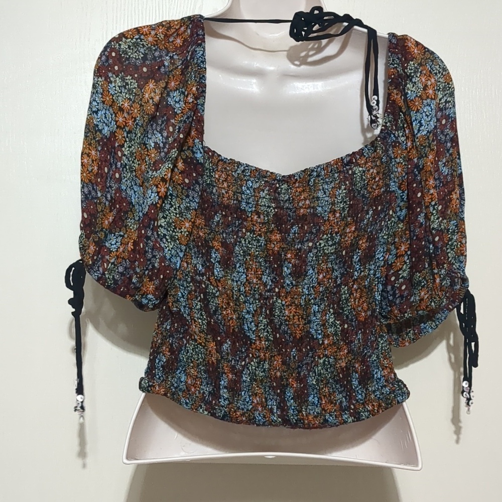 Free People Dark Combo Puff Sleeve Cropped Blouse Top Size Small - Picture 4 of 7